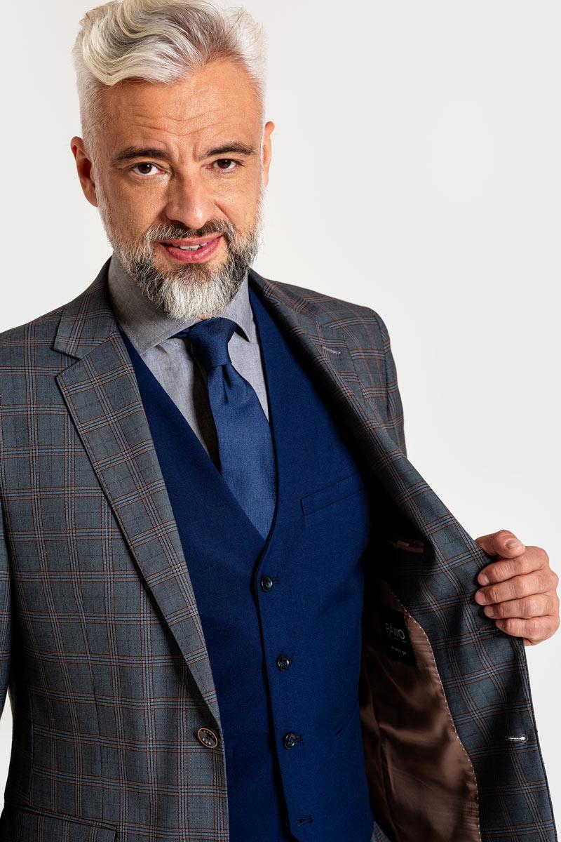 Szara marynarka męska w brązowa kratkę, klasyczna męska marynarka w kratkę