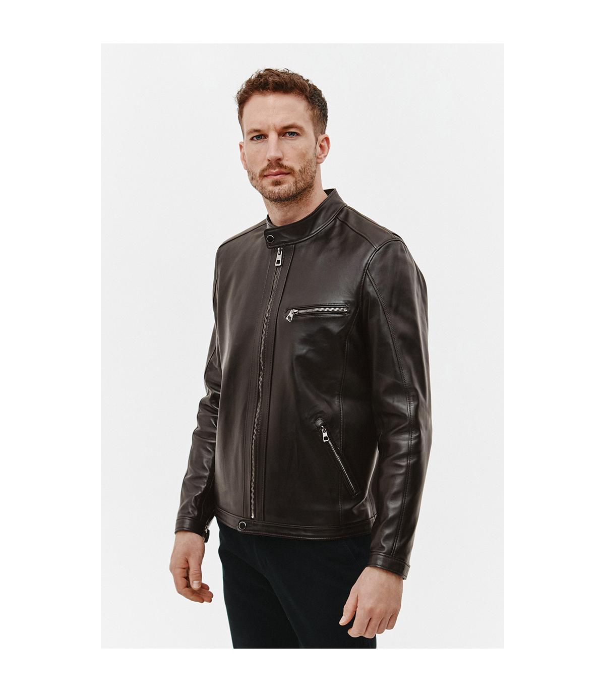 CIEMNOBRĄZOWA SKÓRZANA KURTKA MĘSKA ROB